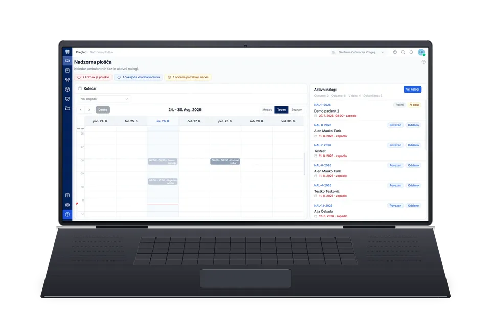 Dentalinx Clinic dashboard with calendar and active work orders